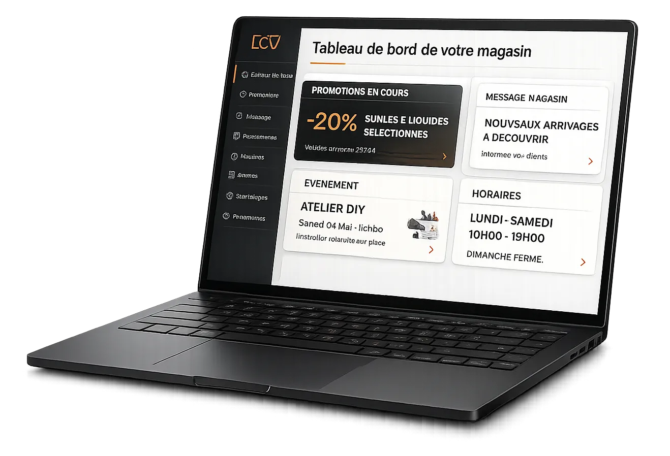 Ordinateur portable affichant le tableau de bord de gestion du magasin